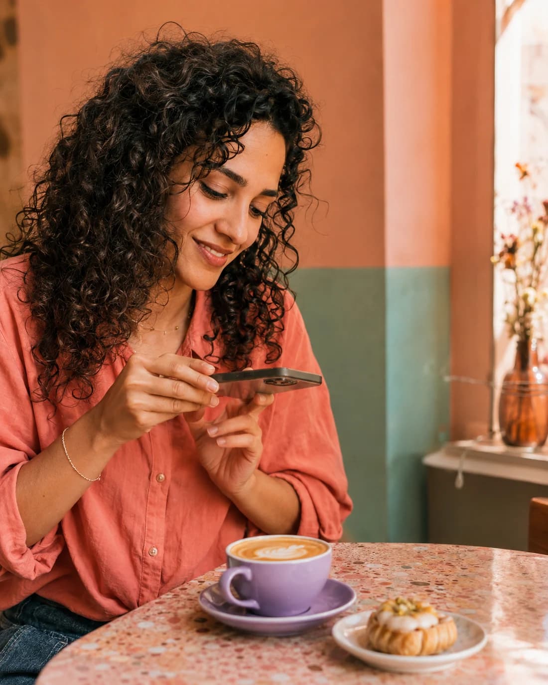 A creator photographing a drink in a sunny café; illustrative AI-generated image